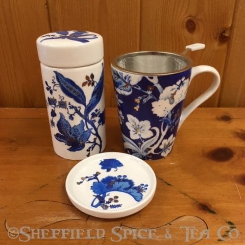 blue toile tea cup infuser canister set