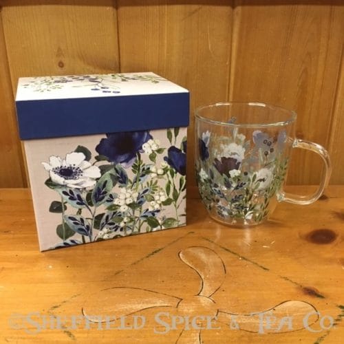 double wall glass café cup blue flower