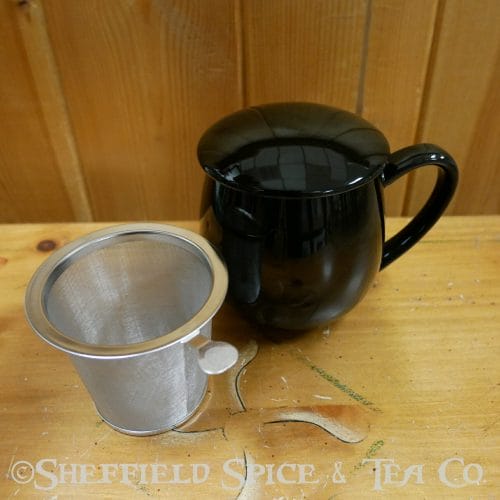 porcelain cups with lids & tea infusers black glossy