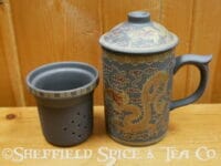 yixing clay mug with strainer dragon print dark brown